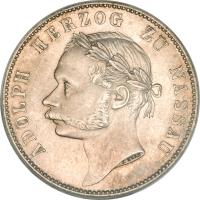 obverse of 1 Thaler - Adolph - 25th Anniversary of the Reign of Adolph (1864) coin with KM# 80 from German States. Inscription: ADOLPH HERZOG ZU NASSAU