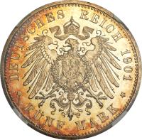 German States coin 5 Mark - Friedrich August (1900 - 1901) reverse reverse of 5 Mark - Friedrich August (1900 - 1901) coin with KM# 203 from German States. Inscription: DEUTSCHES REICH 1901 * 5 Mark *