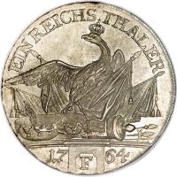 German States coin 1 Reichsthaler - Friedrich II (1764) reverse reverse of 1 Reichsthaler - Friedrich II (1764) coin with KM# 307 from German States. Inscription: EIN REICHSTHALER 1764 F