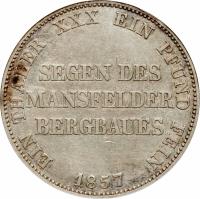German States coin 1 Vereinsthaler - Friedrich Wilhelm IV - Mining Thaler (1857 - 1860) reverse reverse of 1 Vereinsthaler - Friedrich Wilhelm IV - Mining Thaler (1857 - 1860) coin with KM# 472 from German States. Inscription: EIN THALER XXX EIN PFUND FEIN SEGEN DES MANSFELDER BERGBAUES 1857