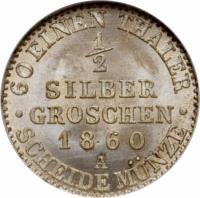 German States coin 1/2 Silber Groschen - Friedrich Wilhelm IV (1853 - 1860) reverse reverse of 1/2 Silber Groschen - Friedrich Wilhelm IV (1853 - 1860) coin with KM# 461 from German States. Inscription: · 60 EINEN THALER · 1/2 SILBER GROSCHEN 1860 A SCHEIDE MÜNZE