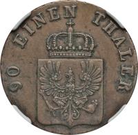 German States coin 4 Pfennige - Friedrich Wilhelm IV (1843 - 1845) obverse obverse of 4 Pfennige - Friedrich Wilhelm IV (1843 - 1845) coin with KM# 450 from German States. Inscription: 90 EINEN THALER