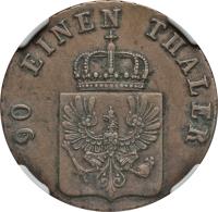 obverse of 4 Pfennige - Friedrich Wilhelm IV (1843 - 1845) coin with KM# 450 from German States. Inscription: 90 EINEN THALER