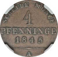 German States coin 4 Pfennige - Friedrich Wilhelm IV (1843 - 1845) reverse reverse of 4 Pfennige - Friedrich Wilhelm IV (1843 - 1845) coin with KM# 450 from German States. Inscription: SCHEIDE MUNZE 4 PFENNIGE 1845 A