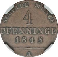 reverse of 4 Pfennige - Friedrich Wilhelm IV (1843 - 1845) coin with KM# 450 from German States. Inscription: SCHEIDE MUNZE 4 PFENNIGE 1845 A