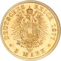 German States coin 5 Mark - Wilhelm I (1877 - 1878) reverse reverse of 5 Mark - Wilhelm I (1877 - 1878) coin with KM# 507 from German States. Inscription: DEUTSCHES REICH 1877 * 5 MARK *