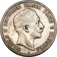 obverse of 5 Mark - Wilhelm II (1888) coin with KM# 513 from German States. Inscription: WILHELM II DEUTSCHER KAISER KÖNIG V. PREUSSEN A