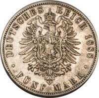 reverse of 5 Mark - Wilhelm II (1888) coin with KM# 513 from German States. Inscription: DEUTSCHES REICH 1888 * FÜNF MARK *