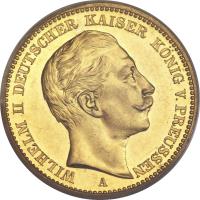 obverse of 20 Mark - Wilhelm II (1888 - 1889) coin with KM# 516 from German States. Inscription: WILHELM II DEUTSCHER KAISER KONIG V. PREUSSEN A