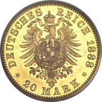 German States coin 20 Mark - Wilhelm II (1888 - 1889) reverse reverse of 20 Mark - Wilhelm II (1888 - 1889) coin with KM# 516 from German States. Inscription: DEUSTCHES REICH 1888 * 20 MARK *