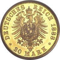 reverse of 20 Mark - Wilhelm II (1888 - 1889) coin with KM# 516 from German States. Inscription: DEUSTCHES REICH 1888 * 20 MARK *