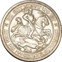obverse of 3 Mark - Wilhelm II - Passing of Mansfeld (1915) coin with KM# 539 from German States. Inscription: BEI GOT IST RAT UND TAT SEGEN DES MANSFELDER BERGBAUES A