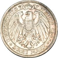 reverse of 3 Mark - Wilhelm II - Passing of Mansfeld (1915) coin with KM# 539 from German States. Inscription: DEUTSCHES REICH 1915 * DREI MARK *
