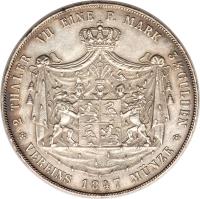 German States coin 2 Thaler / 3 1/2 Gulden - Heinrich LXXII (1840 - 1847) reverse reverse of 2 Thaler / 3 1/2 Gulden - Heinrich LXXII (1840 - 1847) coin with KM# 5 from German States. Inscription: 2 THALER VII EINE F. MARK 3½ GULDEN VEREINS 1847 MÜNZE