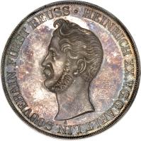German States coin 2 Thaler / 3 1/2 Gulden - Heinrich XX (1841 - 1851) obverse obverse of 2 Thaler / 3 1/2 Gulden - Heinrich XX (1841 - 1851) coin with KM# 105 from German States. Inscription: HEINRICH XX. V. G. G. AELT. LIN. SOUVERAIN. FURST REUSS