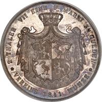 German States coin 2 Thaler / 3 1/2 Gulden - Heinrich XX (1841 - 1851) reverse reverse of 2 Thaler / 3 1/2 Gulden - Heinrich XX (1841 - 1851) coin with KM# 105 from German States. Inscription: 2 THALER VII EINE F. MARK 3 1/2 GULDEN VEREINS 1841 MUNZE *