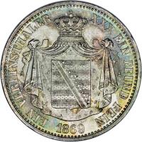 German States coin 1 Vereinsthaler - Ernst I (1858 - 1869) reverse reverse of 1 Vereinsthaler - Ernst I (1858 - 1869) coin with KM# 35 from German States. Inscription: EIN VEREINSTHALER XXX EIN PFUND FEIN 1869