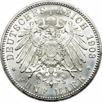 German States coin 5 Mark - Ernst I - Golden Reign (1903) reverse reverse of 5 Mark - Ernst I - Golden Reign (1903) coin with KM# 40 from German States. Inscription: DEUTSCHES REICH 1903 * FÜNF MARK *