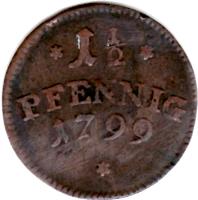 German States coin 1 1/2 Pfennig - Friedrich IV (1799) reverse reverse of 1 1/2 Pfennig - Friedrich IV (1799) coin with KM# 112 from German States. Inscription: *1 1/2* PFENNIG 1799