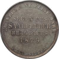 reverse of 1 Gulden - Bernhard II (1829) coin with KM# 128 from German States. Inscription: ZWANZIG EINE FEINE MARK FEIN SILBER SEGEN DES / SAALFELDER / BERGBAUES