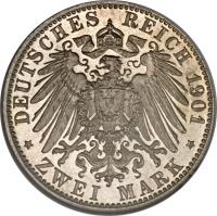 reverse of 2 Mark - Georg II - Celebrating the 75th Birthday of Georg II (1901) coin with KM# 196 from German States. Inscription: DEUTSCHES REICH 1901 * ZWEI MARK *