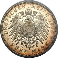 German States coin 5 Mark - Georg II (1902 - 1908) reverse reverse of 5 Mark - Georg II (1902 - 1908) coin with KM# 201 from German States. Inscription: DEUTSCHES REICH 1918 * FÜNF MARK *
