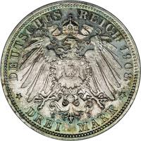 reverse of 3 Mark - Georg II (1908 - 1913) coin with KM# 203 from German States. Inscription: DEUTSCHES REICH 1908 * DREI MARK *