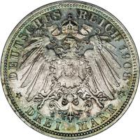 German States coin 3 Mark - Georg II (1908 - 1913) reverse reverse of 3 Mark - Georg II (1908 - 1913) coin with KM# 203 from German States. Inscription: DEUTSCHES REICH 1908 * DREI MARK *