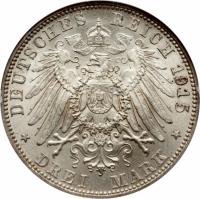 reverse of 3 Mark - Bernhard III Death (1915) coin with KM# 207 from German States. Inscription: DEUTSCHES REICH 1915 * DREI MARK *