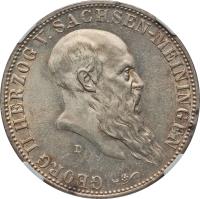 German States coin 5 Mark - Georg II - Dukes 75th Birthday (1901) obverse obverse of 5 Mark - Georg II - Dukes 75th Birthday (1901) coin with KM# 197 from German States. Inscription: GEORG II HERZOG V.SACHSEN-MEININGEN