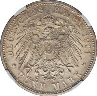 German States coin 5 Mark - Georg II - Dukes 75th Birthday (1901) reverse reverse of 5 Mark - Georg II - Dukes 75th Birthday (1901) coin with KM# 197 from German States. Inscription: DEUTSCHES REICH 1901 * 5 MARK *