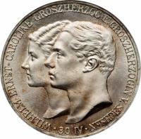 German States coin 5 Mark - Wilhelm Ernst - Duke's Marriage (1903) obverse obverse of 5 Mark - Wilhelm Ernst - Duke's Marriage (1903) coin with KM# 218 from German States. Inscription: WILHELM ERNST - CAROLINE GROSHERZOG U. GROSHERZOGIN V. SACHSEN A · 30 IV ·