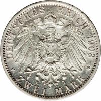 German States coin 2 Mark - Wilhelm Ernst - Duke's Marriage (1903) reverse reverse of 2 Mark - Wilhelm Ernst - Duke's Marriage (1903) coin with KM# 217 from German States. Inscription: DEUTSCHES REICH 1903 *ZWEI MARK*
