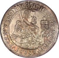 German States coin 1 Thaler - Johann Georg I (1620 - 1638) obverse obverse of 1 Thaler - Johann Georg I (1620 - 1638) coin with KM# 132 from German States. Inscription: IOHAN. GEORG. D. G. DVX SAX. IVL. CLIV. ET. MONTI.