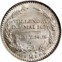 German States coin 1/6 Thaler - Anton - Death (1827) reverse reverse of 1/6 Thaler - Anton - Death (1827) coin with KM# 1107 from German States. Inscription: VOLLENDET D.5 MAI 1827 PS.91 V.14-16 LXXX 1/6 E.F.M.