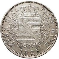 German States coin 1 Conventionsthaler - Anton (1827 - 1828) reverse reverse of 1 Conventionsthaler - Anton (1827 - 1828) coin with KM# 1112 from German States. Inscription: ZEHN EINE FEINE MARK S 1828