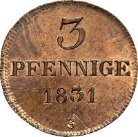 German States coin 3 Pfennige - Friedrich August I (1825 - 1833) reverse reverse of 3 Pfennige - Friedrich August I (1825 - 1833) coin with KM# 1100 from German States. Inscription: 3 // Pfennige // 1831 // S