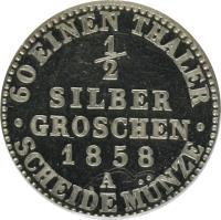 German States coin 1/2 Silbergroschen - Georg Wilhelm (1858) reverse reverse of 1/2 Silbergroschen - Georg Wilhelm (1858) coin with KM# 43 from German States. Inscription: 60 EINEN THALER ½ SILBER GROSCHEN 1858 A SCHEIDE MUNZE