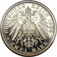 German States coin 2 Mark - Karl Günther - Silver Jubilee - Thin rim (1905) reverse reverse of 2 Mark - Karl Günther - Silver Jubilee - Thin rim (1905) coin with KM# 153 from German States. Inscription: DEUTSCHES REICH 1905 * ZWEI MARK *