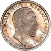 German States coin 3 Mark - Karl Günther - Death of King Karl Günther (1909) obverse obverse of 3 Mark - Karl Günther - Death of King Karl Günther (1909) coin with KM# 154 from German States. Inscription: KARL GÜNTHER FÜRST Z. SCHWARZB. SONDERSH. *1830 A +1909