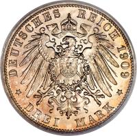 German States coin 3 Mark - Karl Günther - Death of King Karl Günther (1909) reverse reverse of 3 Mark - Karl Günther - Death of King Karl Günther (1909) coin with KM# 154 from German States. Inscription: DEUTSCHES REICH 1909 * DREI MARK *