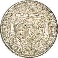 German States coin 1 Thaler - Ferdinand Wilhelm Eusebius & Maria Anna (1696) reverse reverse of 1 Thaler - Ferdinand Wilhelm Eusebius & Maria Anna (1696) coin with KM# 16 from German States. Inscription: PRINCEPS · Â · SCHWARTZENBERG · HÆRES · LANDGRAVIA IN SULZ 1696 MM