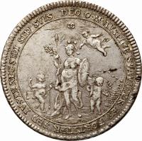 reverse of 1 Conventionsthaler - August Philipp - Ascession (1770) coin with KM# 69 from German States. Inscription: O.M AVSPICE SVAVITER ET FORTITER SED IUSTE NEC SIBI SED SUIS DEO