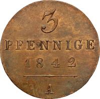 German States coin 3 Pfennige - Georg Friedrich Heinrich (1842 - 1845) reverse reverse of 3 Pfennige - Georg Friedrich Heinrich (1842 - 1845) coin with KM# 154 from German States. Inscription: 3 PFENNIGE 1842 A