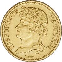 German States coin 20 Francs - Jerome Napoleon (1808 - 1813) obverse obverse of 20 Francs - Jerome Napoleon (1808 - 1813) coin with KM# 103 from German States. Inscription: HIERONYMUS NAPOLEON. Tiolier