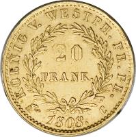 German States coin 20 Francs - Jerome Napoleon (1808 - 1813) reverse reverse of 20 Francs - Jerome Napoleon (1808 - 1813) coin with KM# 103 from German States. Inscription: KOENIG V. WESTPH. FR. PR. 20 FRANK. 1808. C