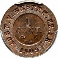 German States coin 1 Centime - Jerome Napoleon (1809 - 1812) reverse reverse of 1 Centime - Jerome Napoleon (1809 - 1812) coin with KM# 107 from German States. Inscription: KOEN.V.WESTPH.FR.PR. 1 Cent. C Tiolier 1809