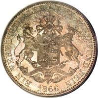 German States coin 1 Vereinsthaler - Karl (1865 - 1867) reverse reverse of 1 Vereinsthaler - Karl (1865 - 1867) coin with KM# 615 from German States. Inscription: EIN VEREINSTHALER XXX EIN PFUND FEIN 1866