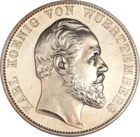 German States coin 2 Thaler / 3 1/2 Gulden - Karl I - Ulm Cathedral (1869 - 1871) obverse obverse of 2 Thaler / 3 1/2 Gulden - Karl I - Ulm Cathedral (1869 - 1871) coin with KM# 618 from German States. Inscription: KARL KOENIG VON WUERTTEMBERG C. SCHNITZSPAHN