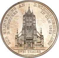 German States coin 2 Thaler / 3 1/2 Gulden - Karl I - Ulm Cathedral (1869 - 1871) reverse reverse of 2 Thaler / 3 1/2 Gulden - Karl I - Ulm Cathedral (1869 - 1871) coin with KM# 618 from German States. Inscription: ZUR ERINNERUNG AN D.WIEDERHERSTELLUNG D.MÜNSTERS IN ULM 1869 ZWEI THALER C. SCHNITZSPAHN F.